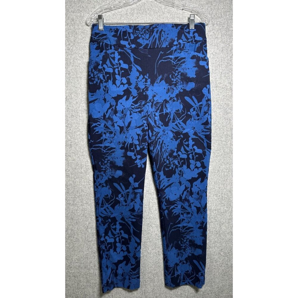 Chicos Size 1 Perfect Stretch Leggings Womens Floral Blue Black Pull On Ankle